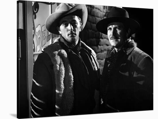 Ciel rouge BLOOD ON THE MOON by Robert Wise with Robert Mitchum and Robert Preston, 1948 (b/w photo-null-Stretched Canvas