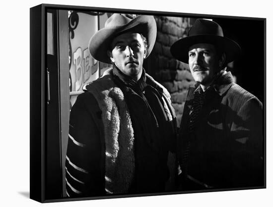 Ciel rouge BLOOD ON THE MOON by Robert Wise with Robert Mitchum and Robert Preston, 1948 (b/w photo-null-Framed Stretched Canvas