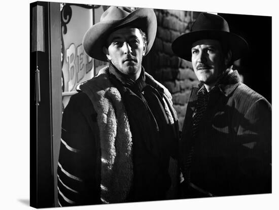 Ciel rouge BLOOD ON THE MOON by Robert Wise with Robert Mitchum and Robert Preston, 1948 (b/w photo-null-Stretched Canvas