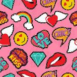 Seamless Pattern with Pink Girl Icons in Pop Art Style, Emoji, Love, and Rainbow Stitch Patches-Cienpies Design-Art Print
