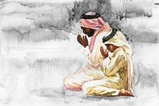 Hand Drawn Arabian Man and Son Praying Namaz. Watercolor Ramadan Kareem Illustration. Painting Isol-Cincinart-Framed Art Print