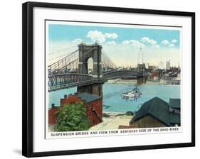 Cincinnati, Ohio - Ohio River, Suspension Bridge View from Kentucky-Lantern Press-Framed Art Print