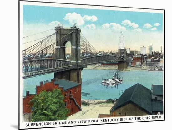 Cincinnati, Ohio - Ohio River, Suspension Bridge View from Kentucky-Lantern Press-Mounted Art Print