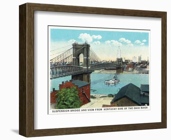 Cincinnati, Ohio - Ohio River, Suspension Bridge View from Kentucky-Lantern Press-Framed Art Print