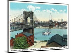 Cincinnati, Ohio - Ohio River, Suspension Bridge View from Kentucky-Lantern Press-Mounted Art Print