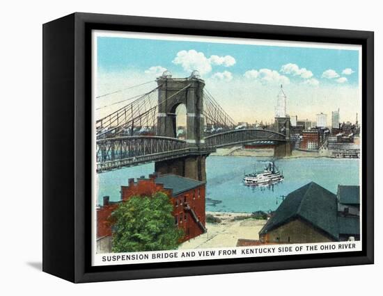 Cincinnati, Ohio - Ohio River, Suspension Bridge View from Kentucky-Lantern Press-Framed Stretched Canvas