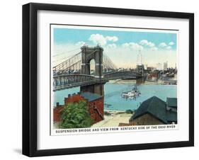 Cincinnati, Ohio - Ohio River, Suspension Bridge View from Kentucky-Lantern Press-Framed Art Print