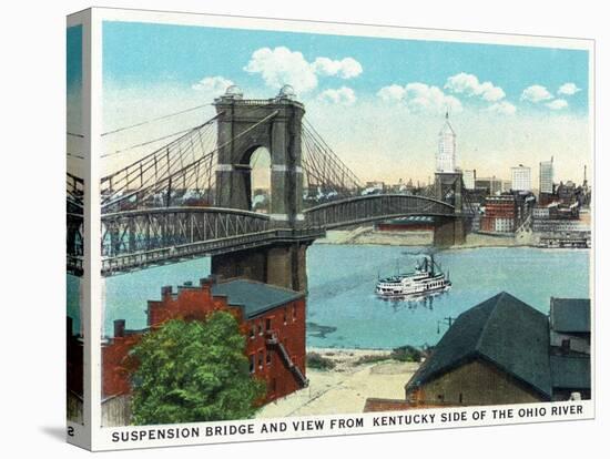 Cincinnati, Ohio - Ohio River, Suspension Bridge View from Kentucky-Lantern Press-Stretched Canvas