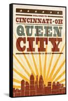 Cincinnati, Ohio - Skyline and Sunburst Screenprint Style-Lantern Press-Framed Stretched Canvas