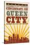 Cincinnati, Ohio - Skyline and Sunburst Screenprint Style-Lantern Press-Stretched Canvas