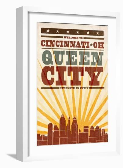 Cincinnati, Ohio - Skyline and Sunburst Screenprint Style-Lantern Press-Framed Art Print
