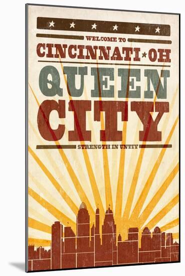 Cincinnati, Ohio - Skyline and Sunburst Screenprint Style-Lantern Press-Mounted Art Print
