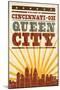 Cincinnati, Ohio - Skyline and Sunburst Screenprint Style-Lantern Press-Mounted Art Print