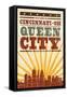 Cincinnati, Ohio - Skyline and Sunburst Screenprint Style-Lantern Press-Framed Stretched Canvas