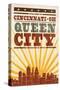 Cincinnati, Ohio - Skyline and Sunburst Screenprint Style-Lantern Press-Stretched Canvas