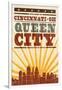 Cincinnati, Ohio - Skyline and Sunburst Screenprint Style-Lantern Press-Framed Art Print