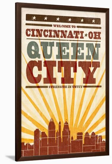 Cincinnati, Ohio - Skyline and Sunburst Screenprint Style-Lantern Press-Framed Art Print