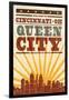 Cincinnati, Ohio - Skyline and Sunburst Screenprint Style-Lantern Press-Framed Art Print