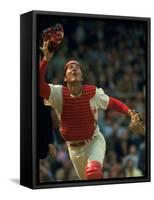 Cincinnati Reds Catcher Johnny Bench Catching Pop Fly During Game Against San Francisco Giants-John Dominis-Framed Stretched Canvas