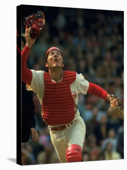 Cincinnati Reds Catcher Johnny Bench Catching Pop Fly During Game Against San Francisco Giants-John Dominis-Stretched Canvas
