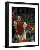 Cincinnati Reds Catcher Johnny Bench Catching Pop Fly During Game Against San Francisco Giants-John Dominis-Framed Premium Photographic Print