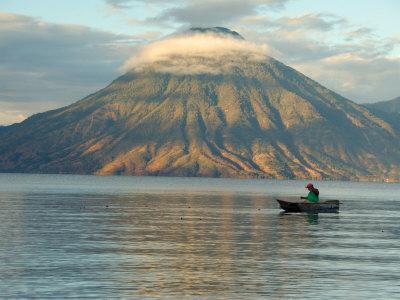 Reflections on Lake Atitlan with Fishing Boat, Panajachel, Western Highlands, Guatemala
