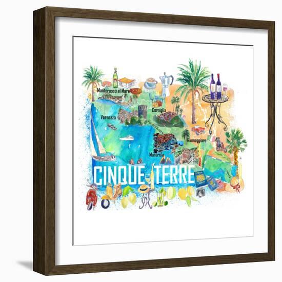 Cinque Terre Italy Illustrated Mediterranean Travel Map with Highlights of Liguria Coast-M. Bleichner-Framed Art Print