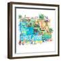 Cinque Terre Italy Illustrated Mediterranean Travel Map with Highlights of Liguria Coast-M. Bleichner-Framed Art Print