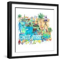 Cinque Terre Italy Illustrated Mediterranean Travel Map with Highlights of Liguria Coast-M. Bleichner-Framed Art Print