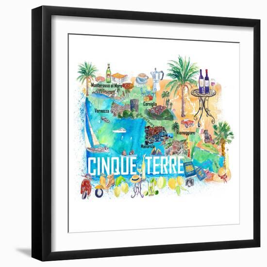 Cinque Terre Italy Illustrated Mediterranean Travel Map with Highlights of Liguria Coast-M. Bleichner-Framed Art Print
