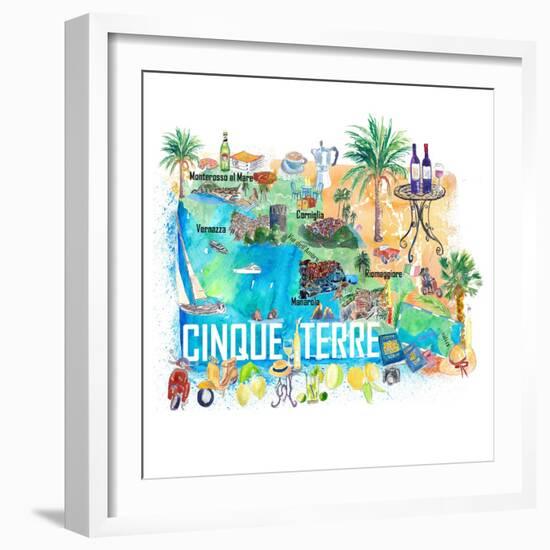 Cinque Terre Italy Illustrated Mediterranean Travel Map with Highlights of Liguria Coast-M. Bleichner-Framed Art Print