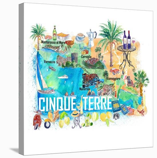 Cinque Terre Italy Illustrated Mediterranean Travel Map with Highlights of Liguria Coast-M. Bleichner-Stretched Canvas