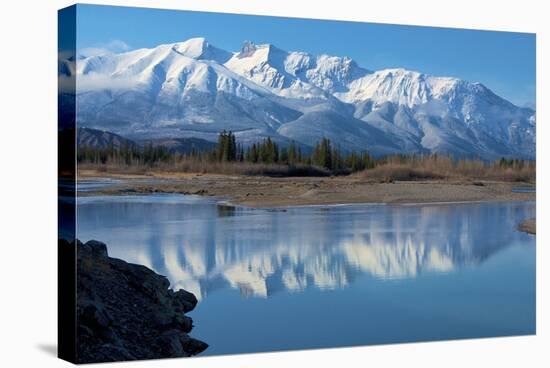 Cinquefoil Mountain Reflects in the Athabasca River, Jasper National Park, Canada-Richard Wright-Stretched Canvas