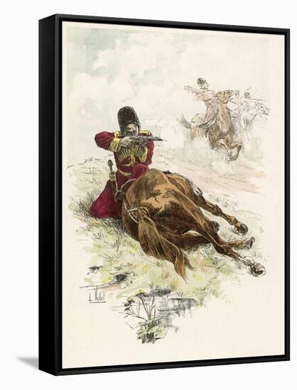 Circassian Soldier of the Czar's Escort Uses His Horse as Cover During a Firefight-L. Vallet-Framed Stretched Canvas
