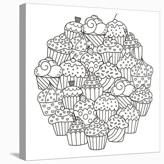 Circle Shape Pattern with Cute Cupcakes for Coloring Book. Vector Illustration-null-Stretched Canvas