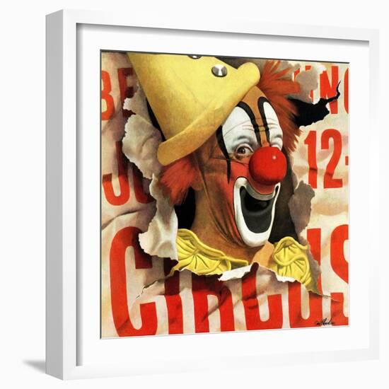 "Circus Clown and Poster," July 8, 1944-John Atherton-Framed Giclee Print