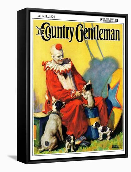 "Circus Clown and Show Dogs," Country Gentleman Cover, April 1, 1929-Ray C. Strang-Framed Stretched Canvas