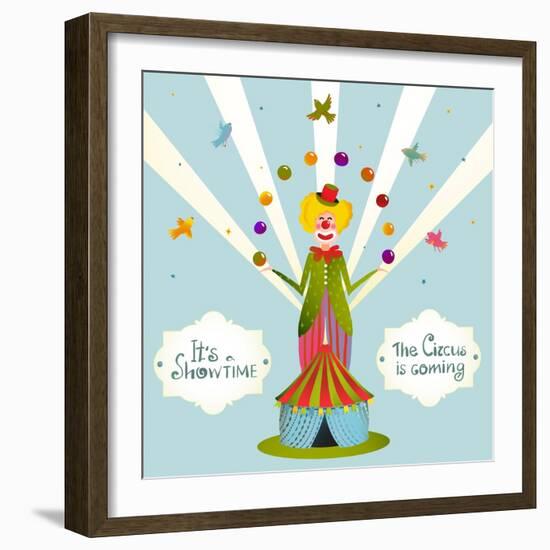 Circus Juggling Clown Carnival Show Vintage Poster. Fun and Cute Fair Performance Vintage Cartoon C-Popmarleo-Framed Art Print