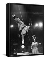 Circus Performer Balancer Unus Standing on His Index Finger on Globe Feet in Air Back of Head-Ralph Morse-Framed Stretched Canvas