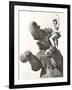 Circus Performer Posing on Elephant-null-Framed Photo