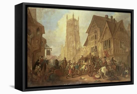 Cirencester Market Place, Abbey and King's Head Hotel in 1642-First Bloodshed of the Civil War-John Beecham-Framed Stretched Canvas