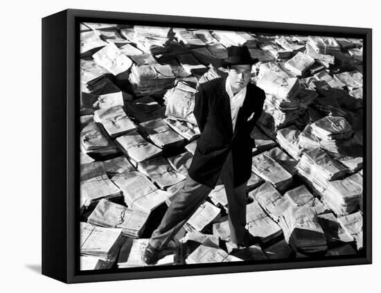 Citizen Kane, Orson Welles, 1941, Astride Stacks Of Newspaper-null-Framed Stretched Canvas