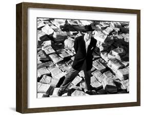 Citizen Kane, Orson Welles, 1941, Astride Stacks Of Newspaper-null-Framed Photo