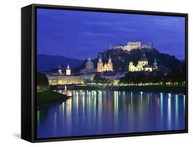 City and Castle at Night from the River, Salzburg, Austria, Europe-Nigel Francis-Framed Stretched Canvas