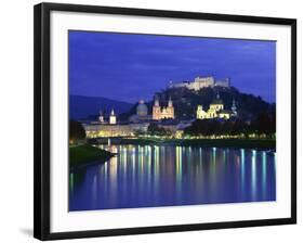 City and Castle at Night from the River, Salzburg, Austria, Europe-Nigel Francis-Framed Photographic Print