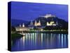 City and Castle at Night from the River, Salzburg, Austria, Europe-Nigel Francis-Stretched Canvas