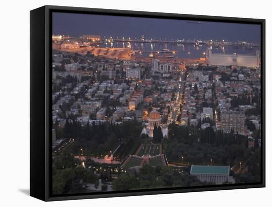 City at Dusk, with Bahai Shrine in Foreground, from Mount Carmel, Haifa, Israel, Middle East-Eitan Simanor-Framed Stretched Canvas