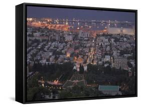 City at Dusk, with Bahai Shrine in Foreground, from Mount Carmel, Haifa, Israel, Middle East-Eitan Simanor-Framed Stretched Canvas