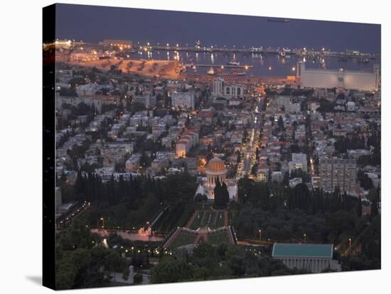 City at Dusk, with Bahai Shrine in Foreground, from Mount Carmel, Haifa, Israel, Middle East-Eitan Simanor-Stretched Canvas