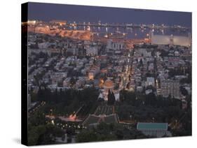 City at Dusk, with Bahai Shrine in Foreground, from Mount Carmel, Haifa, Israel, Middle East-Eitan Simanor-Stretched Canvas
